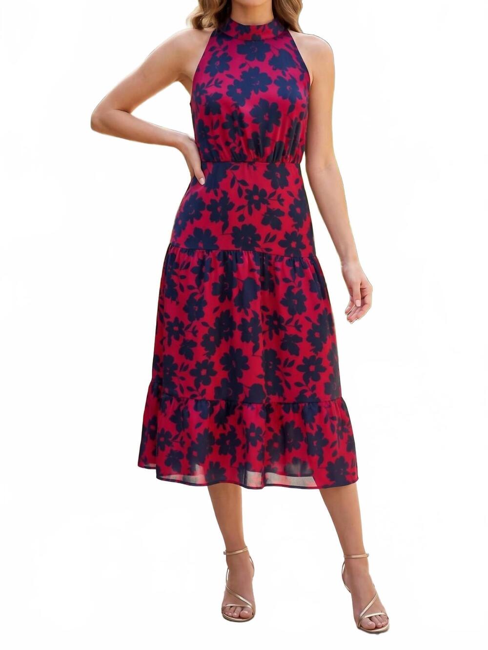 NEW SAM EDELMAN halter neck floral midi dress in magenta navy